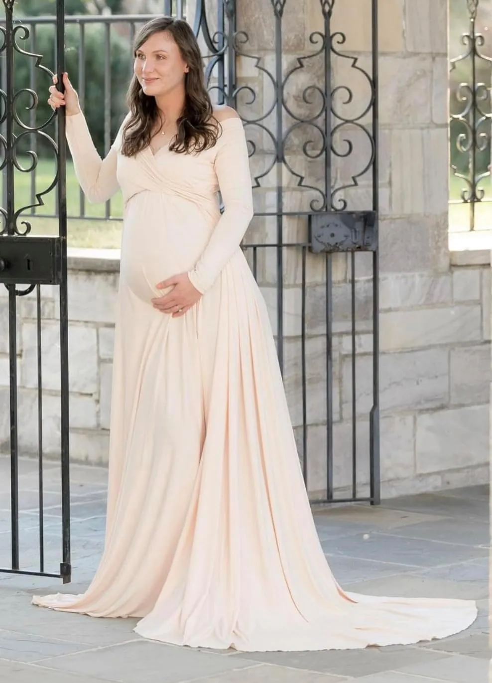 Saslax Maternity Off Shoulders Half Circle Gown for Baby Shower Photo Props Dress