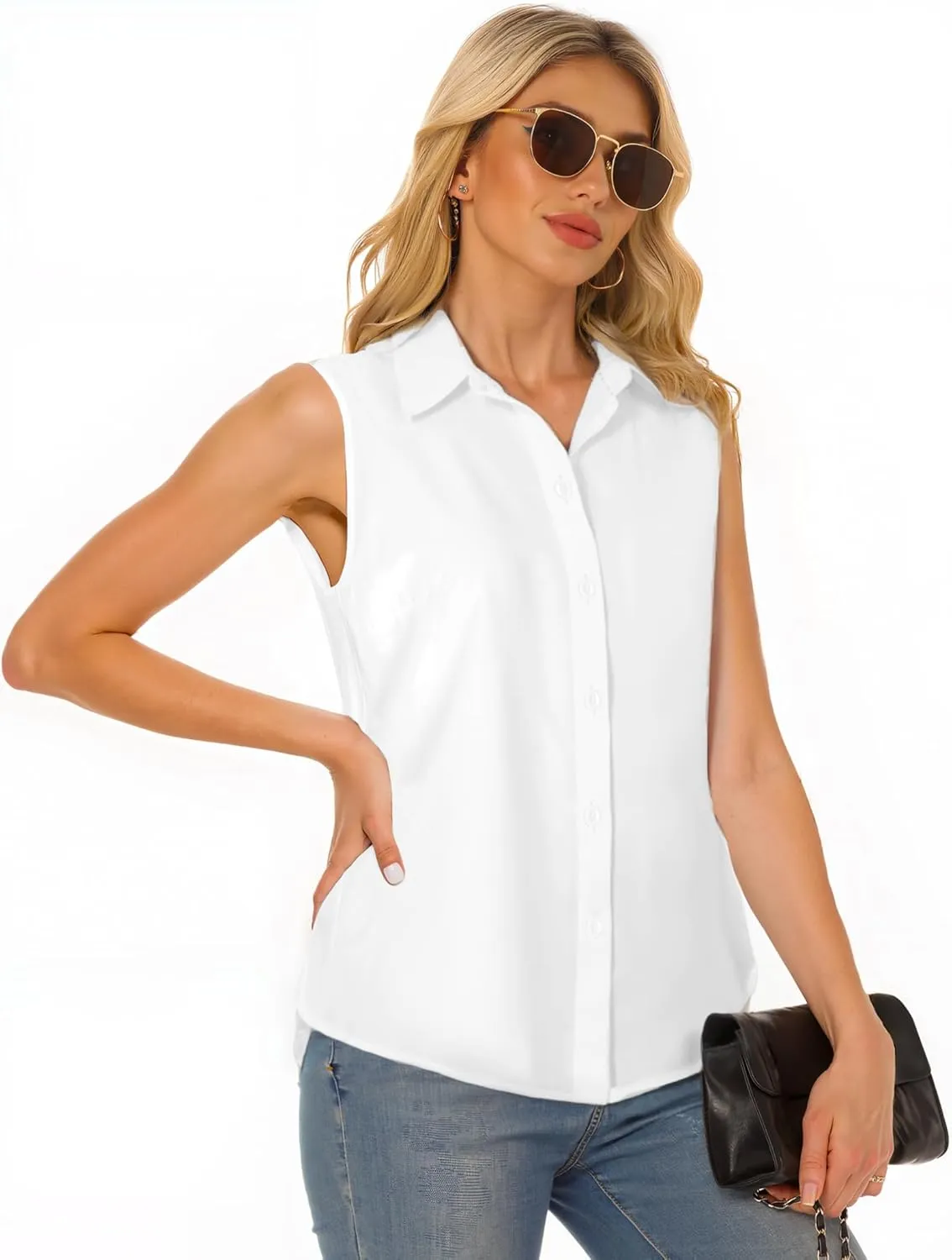 Sleeveless Button Down Shirts for Womens, Solid Casual Blouse V Neck Tank Tops for Business, Classic Collared Basic Tops