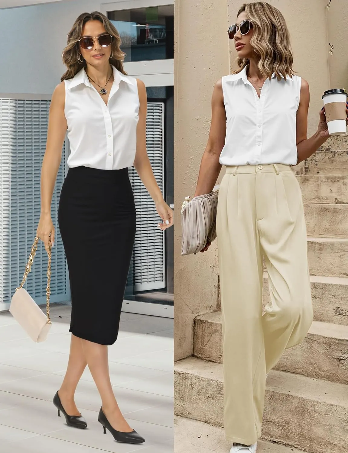 Sleeveless Button Down Shirts for Womens, Solid Casual Blouse V Neck Tank Tops for Business, Classic Collared Basic Tops