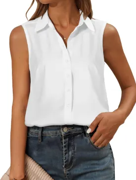 Sleeveless Button Down Shirts for Womens, Solid Casual Blouse V Neck Tank Tops for Business, Classic Collared Basic Tops