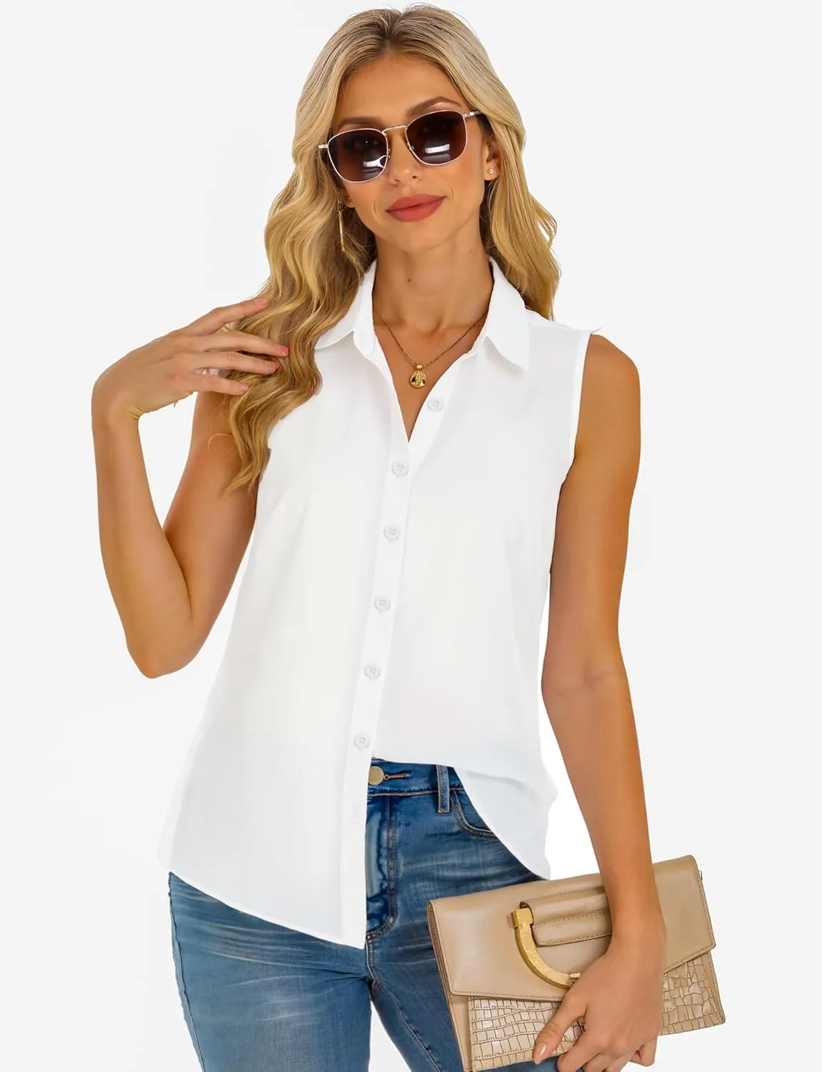 Sleeveless Button Down Shirts for Womens, Solid Casual Blouse V Neck Tank Tops for Business, Classic Collared Basic Tops