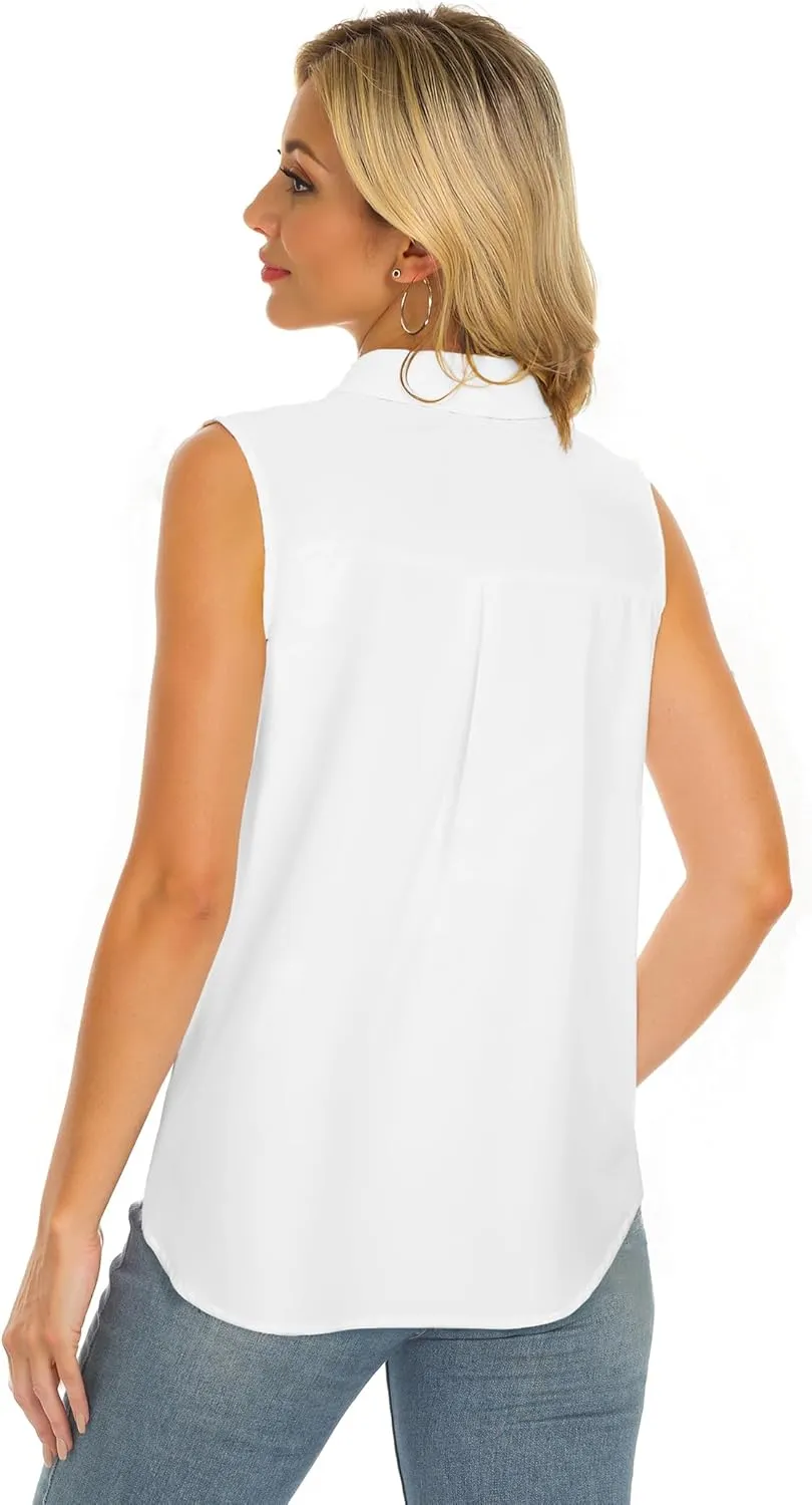 Sleeveless Button Down Shirts for Womens, Solid Casual Blouse V Neck Tank Tops for Business, Classic Collared Basic Tops