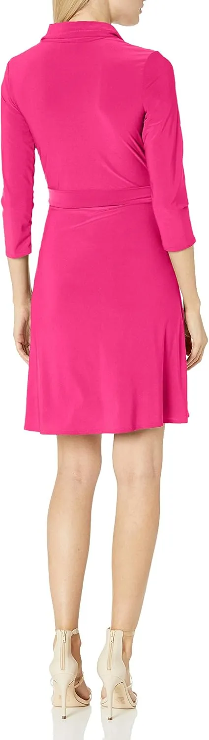 Star Vixen Women's Three-Quarter Sleeve Faux-Wrap Dress with Collar