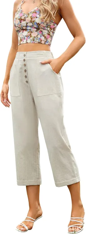 SVALIY Summer Cotton Linen Cropped Wide Leg Pants Capris Women Ladies Casual Loose Palazzo Pant Work Elastic Pocket