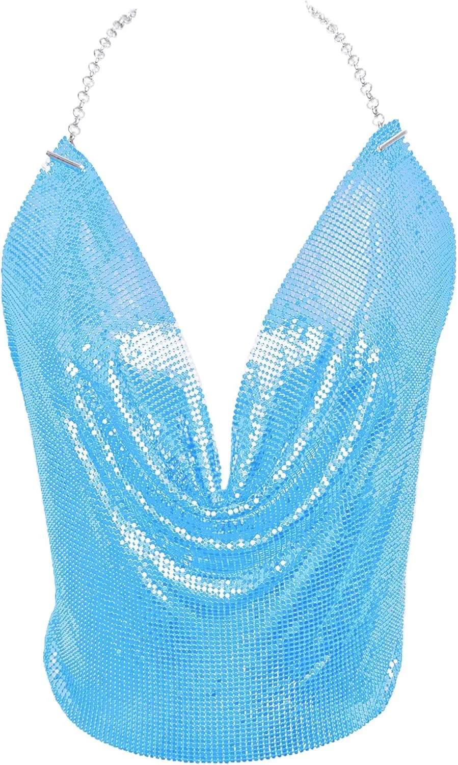 Tchin Sparkly Sexy Sequin Tops for Women Backless Halter Glitter Metallic Chain Crop Top