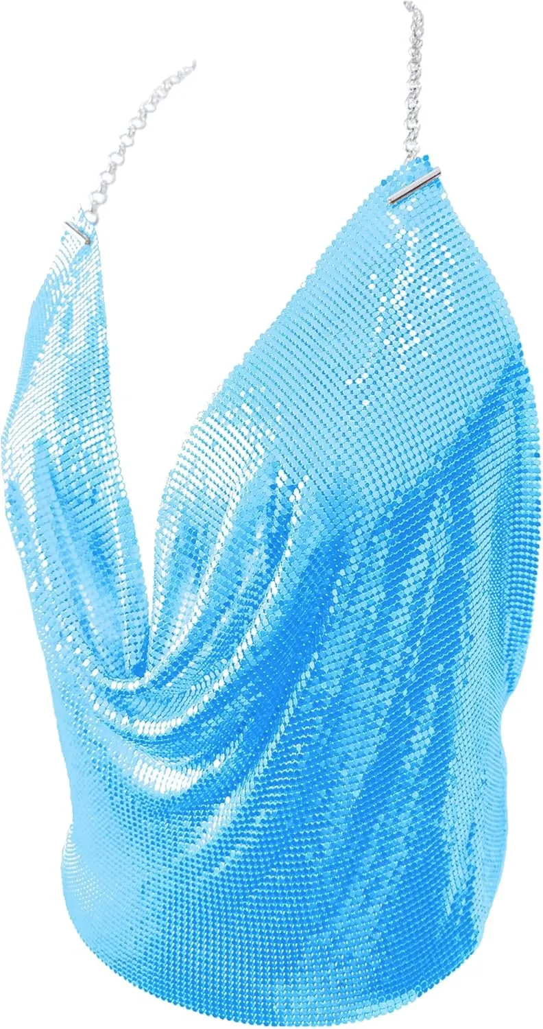 Tchin Sparkly Sexy Sequin Tops for Women Backless Halter Glitter Metallic Chain Crop Top