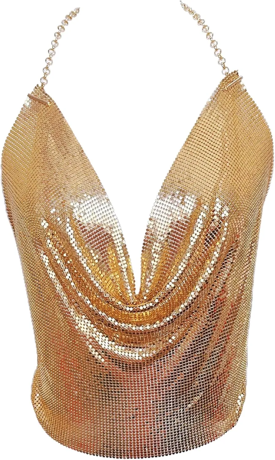 Tchin Sparkly Sexy Sequin Tops for Women Backless Halter Glitter Metallic Chain Crop Top