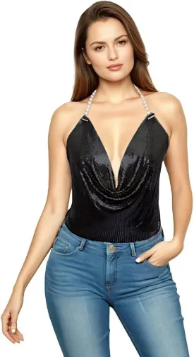 Tchin Sparkly Sexy Sequin Tops for Women Backless Halter Glitter Metallic Chain Crop Top