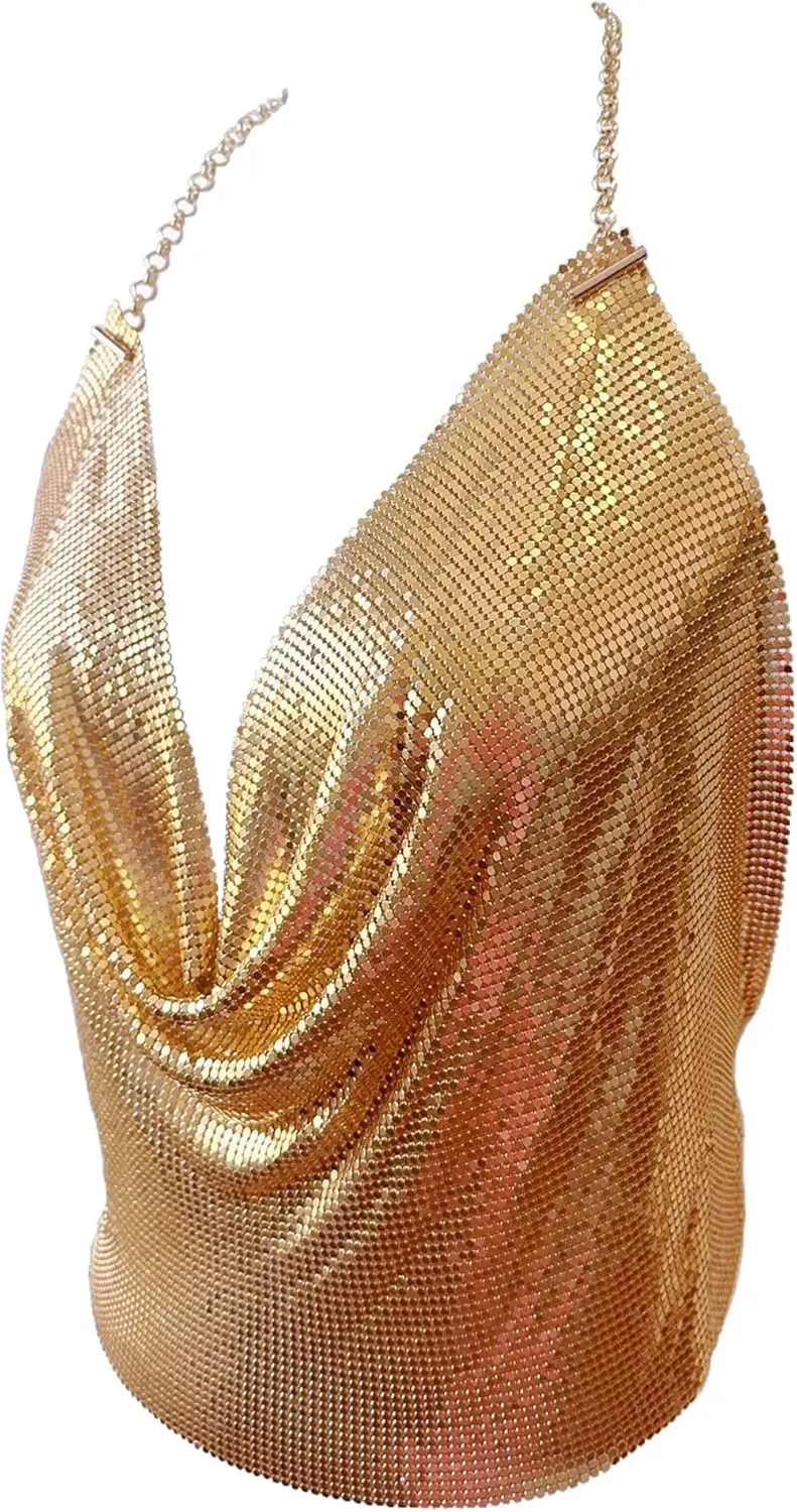 Tchin Sparkly Sexy Sequin Tops for Women Backless Halter Glitter Metallic Chain Crop Top