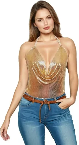 Tchin Sparkly Sexy Sequin Tops for Women Backless Halter Glitter Metallic Chain Crop Top