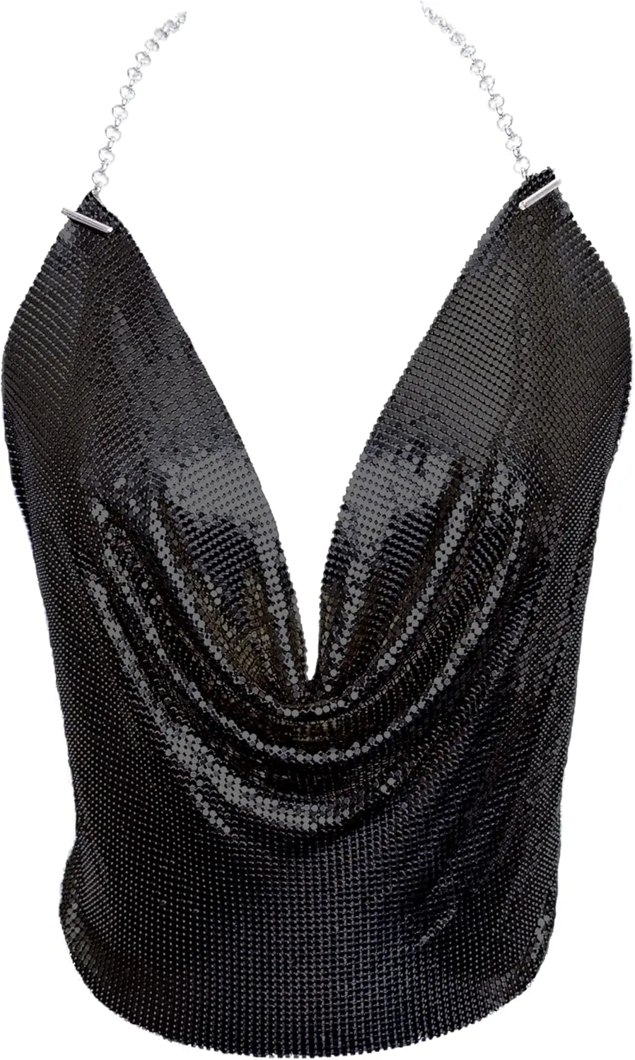 Tchin Sparkly Sexy Sequin Tops for Women Backless Halter Glitter Metallic Chain Crop Top