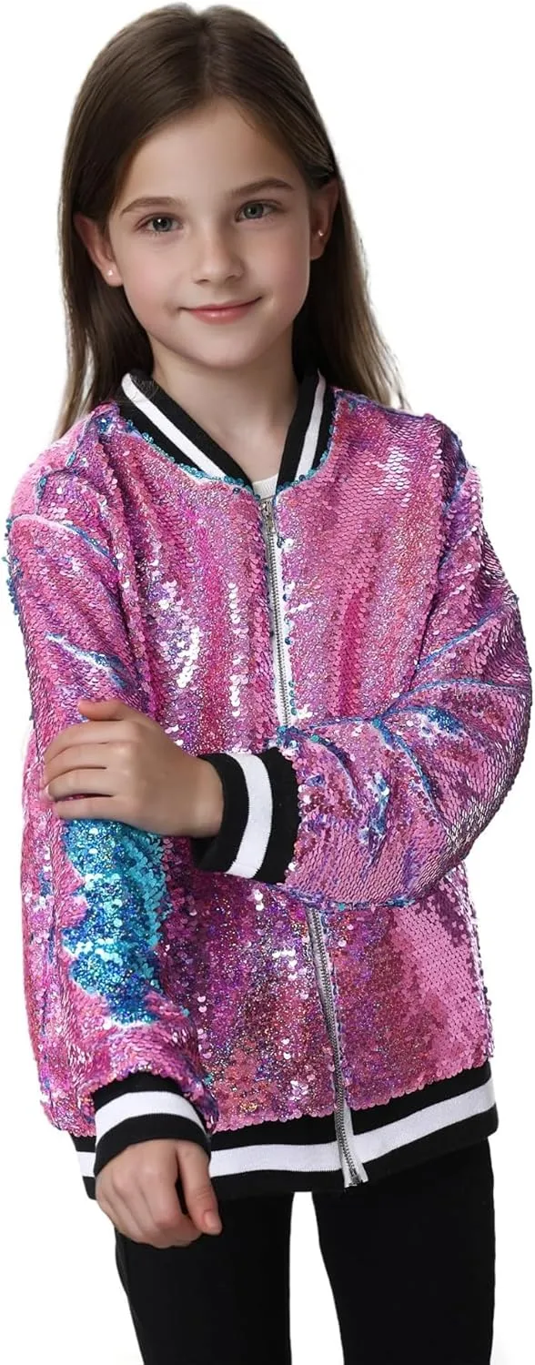 TIMSOPHIA Girls Sequin Jacket, Sparkle Bomber Jacket Glitter Kids 1989 Sparkly Blazer Costume for Concert Party Club
