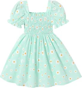 Toddler Baby Girl Summer Square Neck Floral Dress Bubble Short Sleeve Ruffle Smocked Sundress