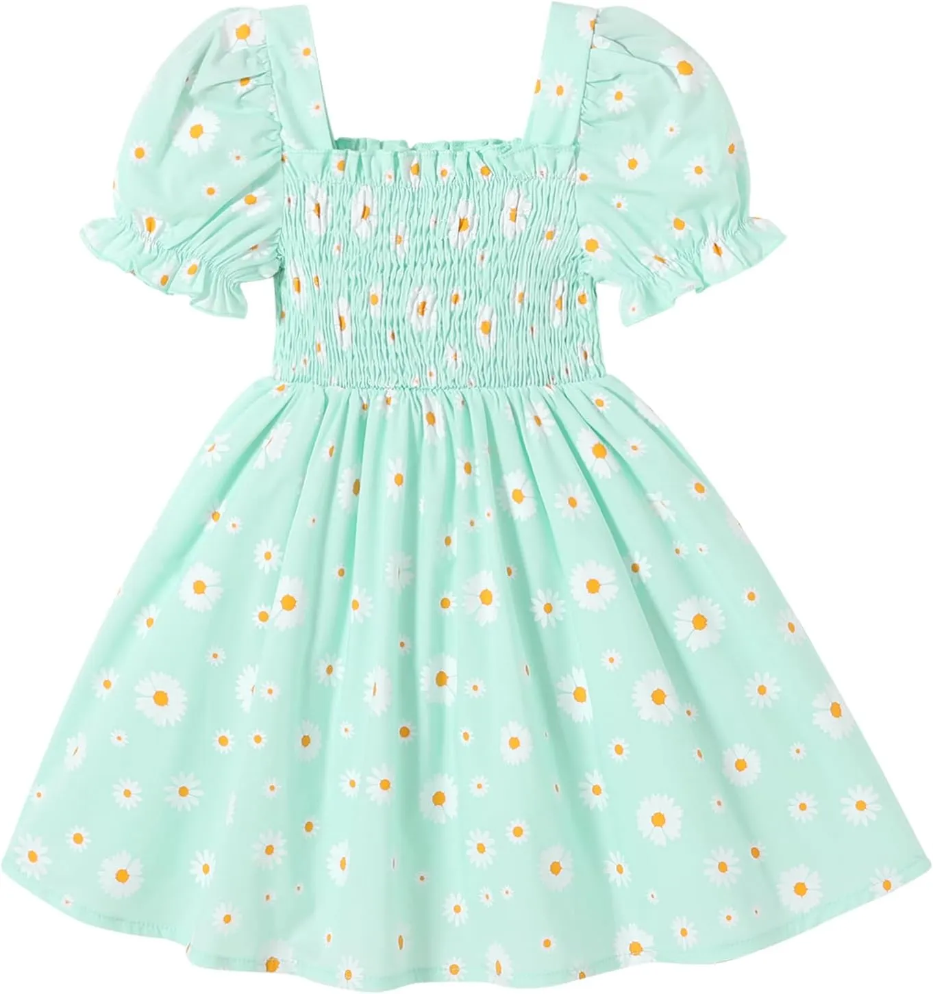 Toddler Baby Girl Summer Square Neck Floral Dress Bubble Short Sleeve Ruffle Smocked Sundress