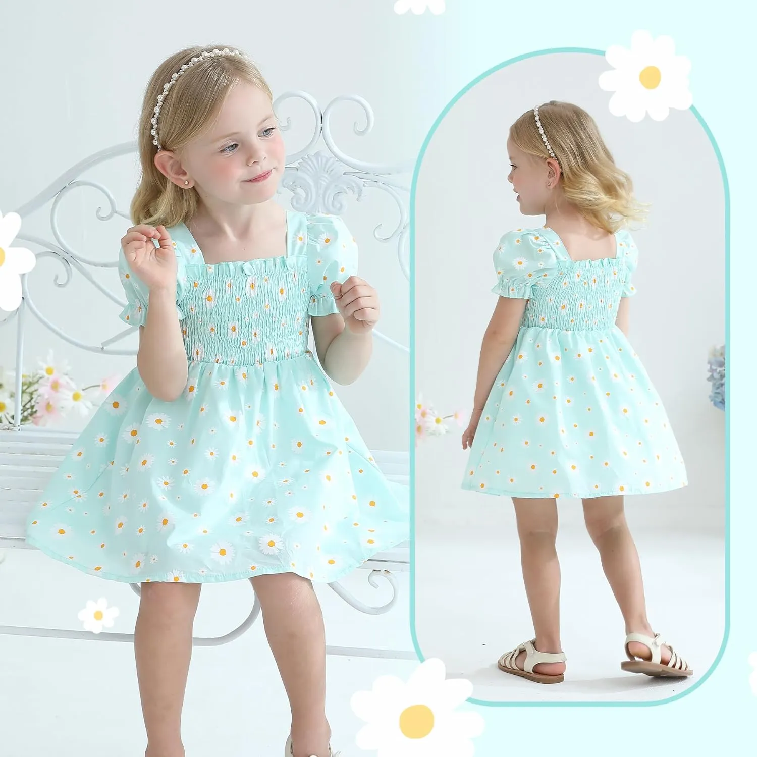 Toddler Baby Girl Summer Square Neck Floral Dress Bubble Short Sleeve Ruffle Smocked Sundress
