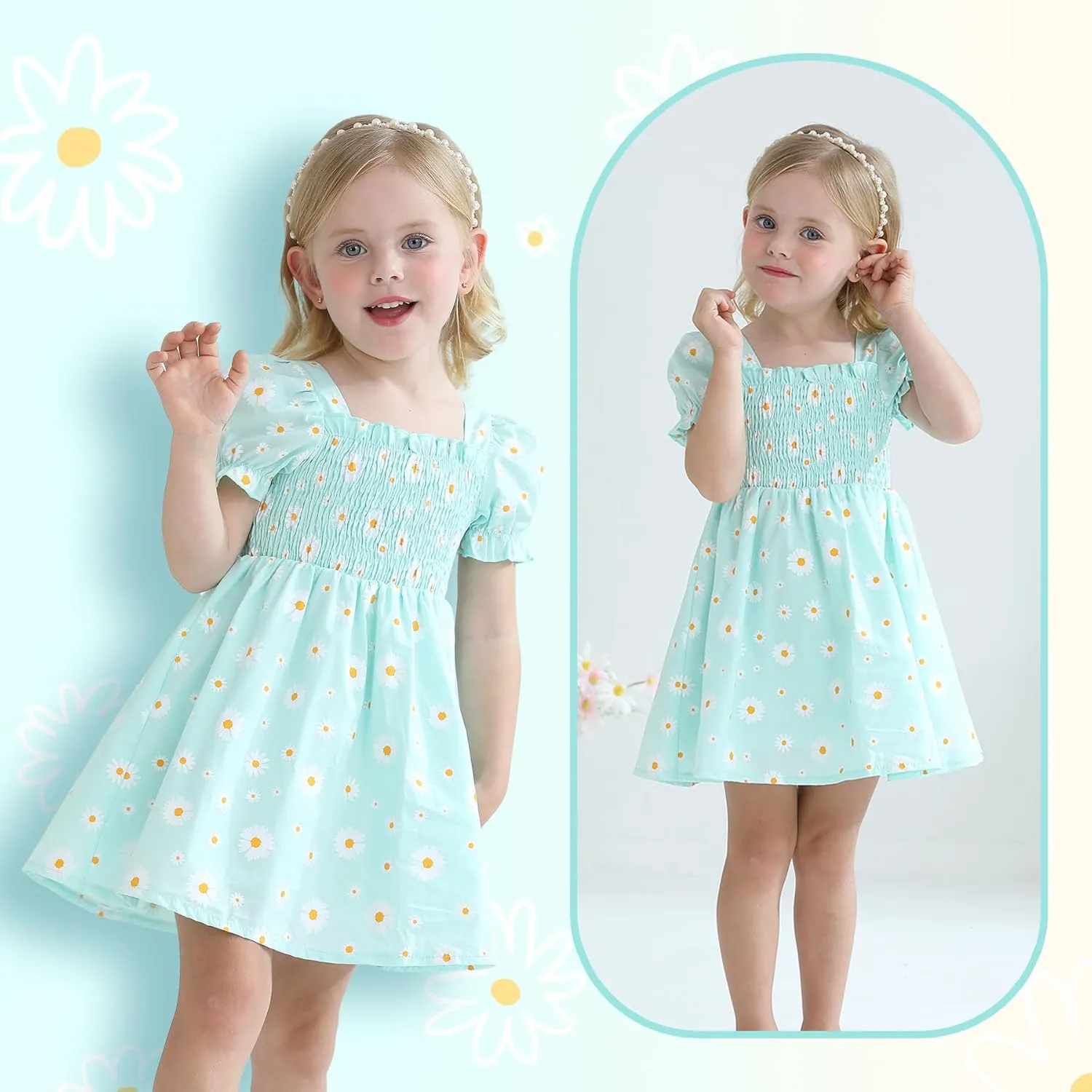 Toddler Baby Girl Summer Square Neck Floral Dress Bubble Short Sleeve Ruffle Smocked Sundress