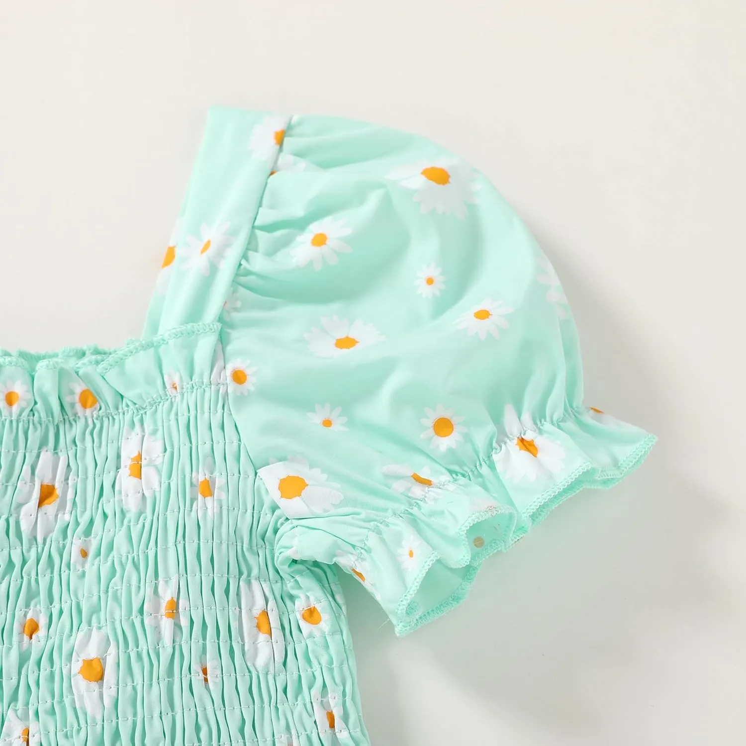 Toddler Baby Girl Summer Square Neck Floral Dress Bubble Short Sleeve Ruffle Smocked Sundress