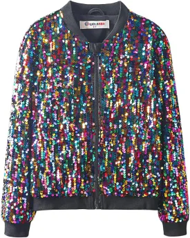WELAKEN Girls' Ombre Sequin Bomber Jacket with Pockets Lightweight Sparkle Long Sleeve Zipper Gradient Jackets for Kid