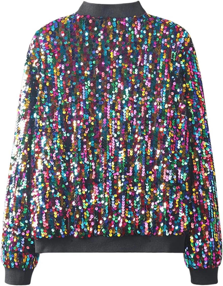 WELAKEN Girls' Ombre Sequin Bomber Jacket with Pockets Lightweight Sparkle Long Sleeve Zipper Gradient Jackets for Kid