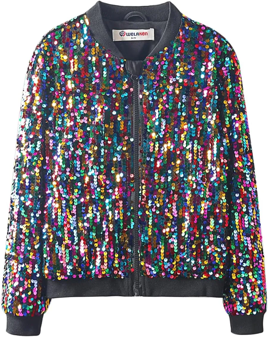 WELAKEN Girls' Ombre Sequin Bomber Jacket with Pockets Lightweight Sparkle Long Sleeve Zipper Gradient Jackets for Kid