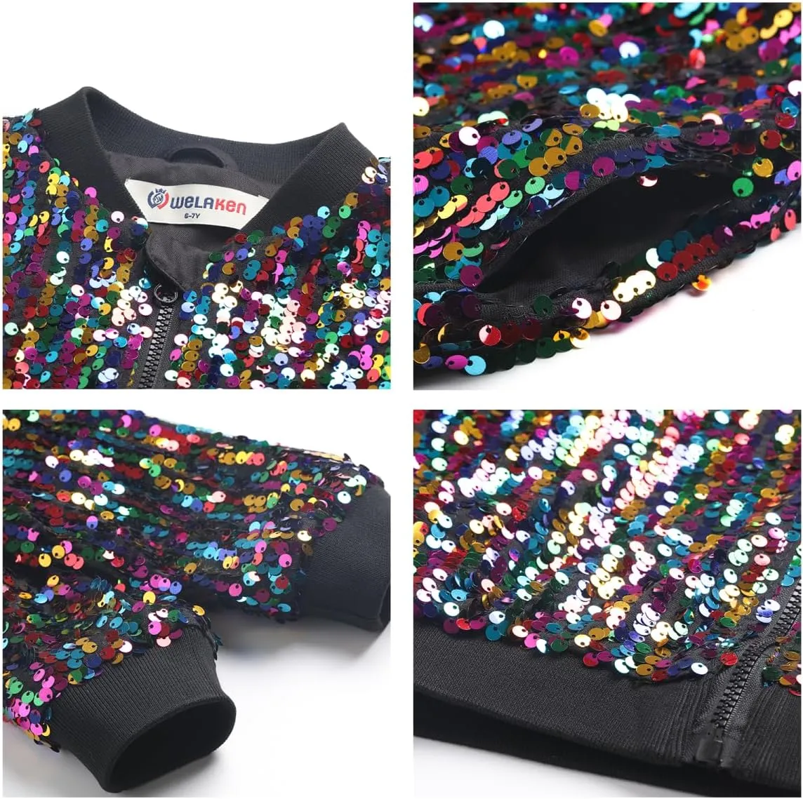 WELAKEN Girls' Ombre Sequin Bomber Jacket with Pockets Lightweight Sparkle Long Sleeve Zipper Gradient Jackets for Kid