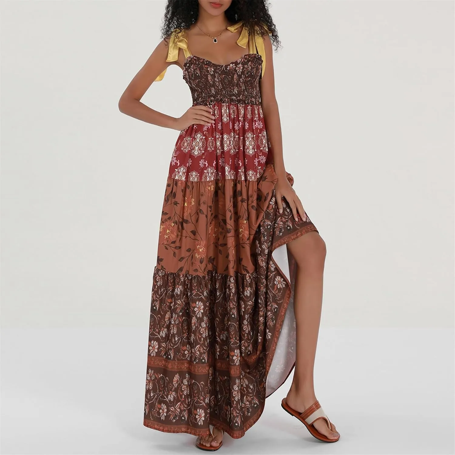 Women Summer Y2k Floral Maxi Dress Tie Shoulder Strap Backless Ruffle Smocked Long Dresses Boho Flowy Beach Sundress