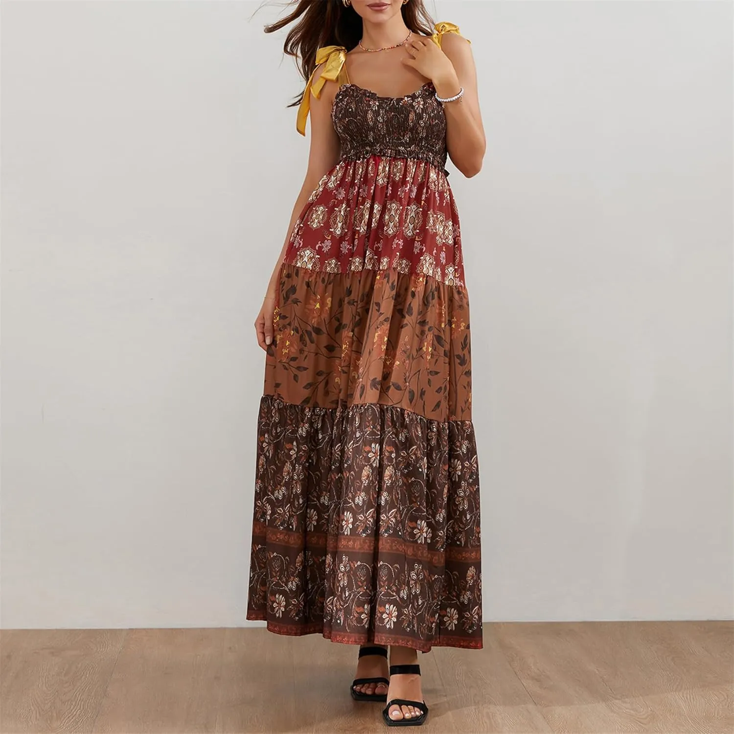 Women Summer Y2k Floral Maxi Dress Tie Shoulder Strap Backless Ruffle Smocked Long Dresses Boho Flowy Beach Sundress