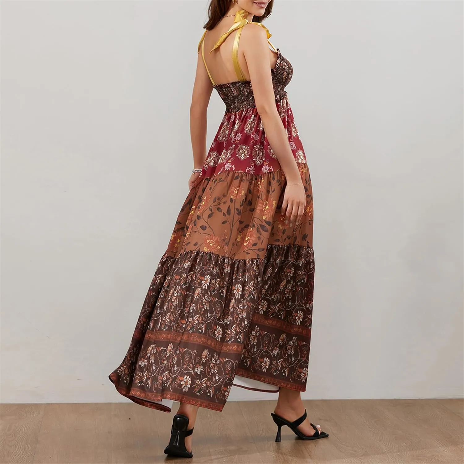 Women Summer Y2k Floral Maxi Dress Tie Shoulder Strap Backless Ruffle Smocked Long Dresses Boho Flowy Beach Sundress