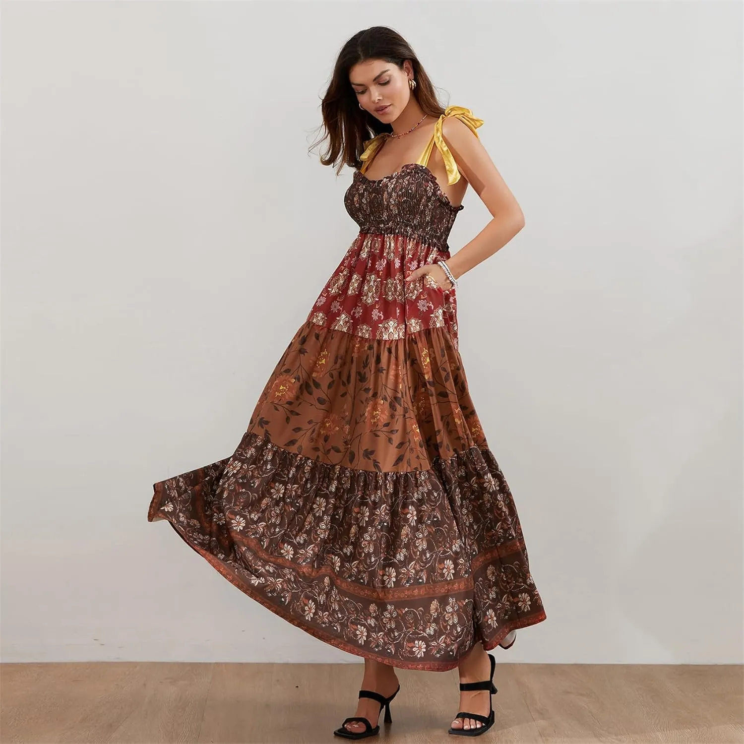 Women Summer Y2k Floral Maxi Dress Tie Shoulder Strap Backless Ruffle Smocked Long Dresses Boho Flowy Beach Sundress
