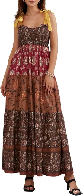 Women Summer Y2k Floral Maxi Dress Tie Shoulder Strap Backless Ruffle Smocked Long Dresses Boho Flowy Beach Sundress