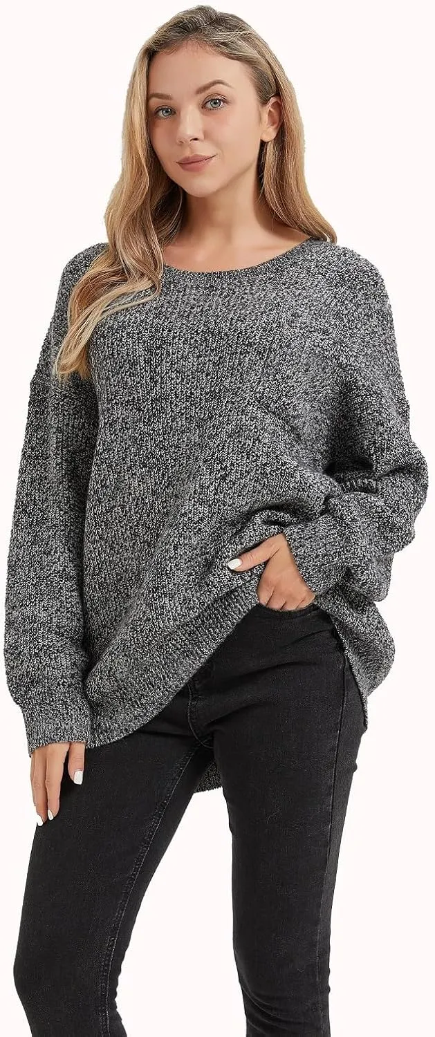 Women's Casual Unbalanced Crew Neck Knit Sweater Loose Pullover Cardigan