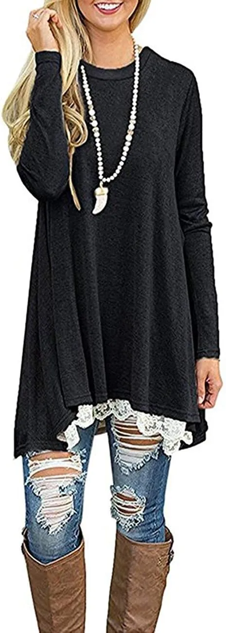 Women's Crew Neck Long Sleeve Lace Splicing Swing Shirt Dresses Long Tunic Blouses Shirts for Leggings