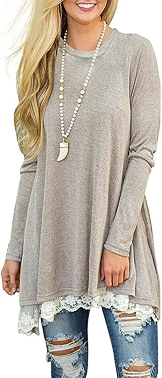 Women's Crew Neck Long Sleeve Lace Splicing Swing Shirt Dresses Long Tunic Blouses Shirts for Leggings