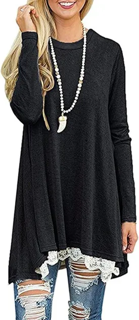 Women's Crew Neck Long Sleeve Lace Splicing Swing Shirt Dresses Long Tunic Blouses Shirts for Leggings