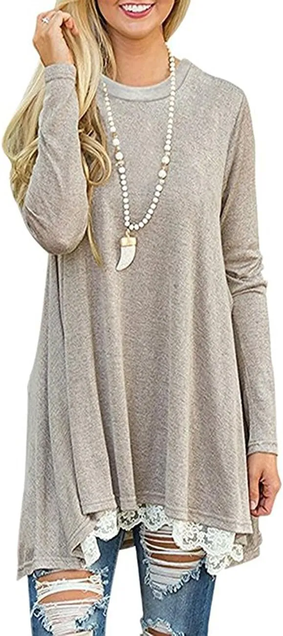 Women's Crew Neck Long Sleeve Lace Splicing Swing Shirt Dresses Long Tunic Blouses Shirts for Leggings