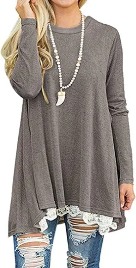 Women's Crew Neck Long Sleeve Lace Splicing Swing Shirt Dresses Long Tunic Blouses Shirts for Leggings