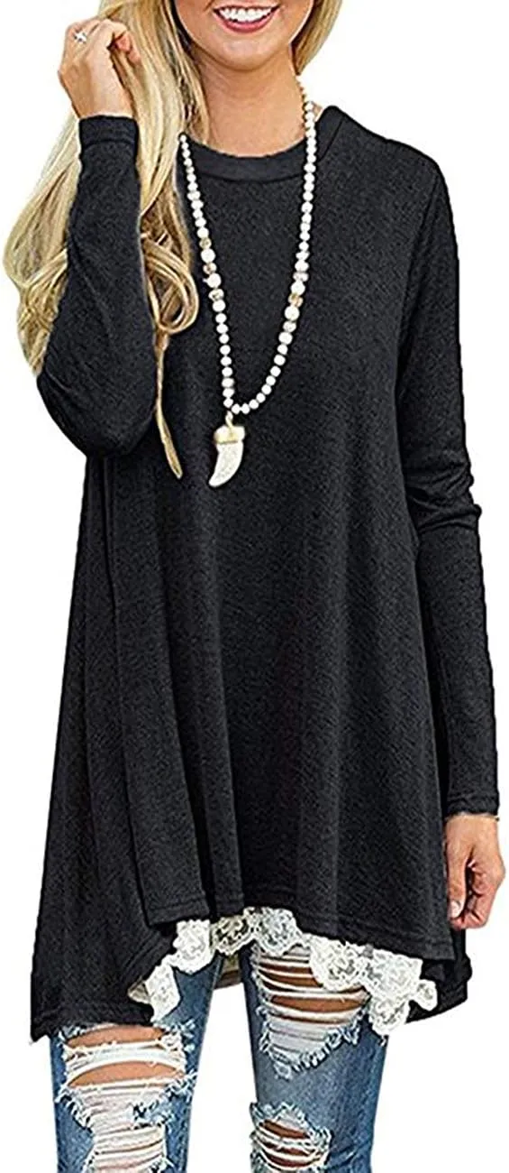 Women's Crew Neck Long Sleeve Lace Splicing Swing Shirt Dresses Long Tunic Blouses Shirts for Leggings