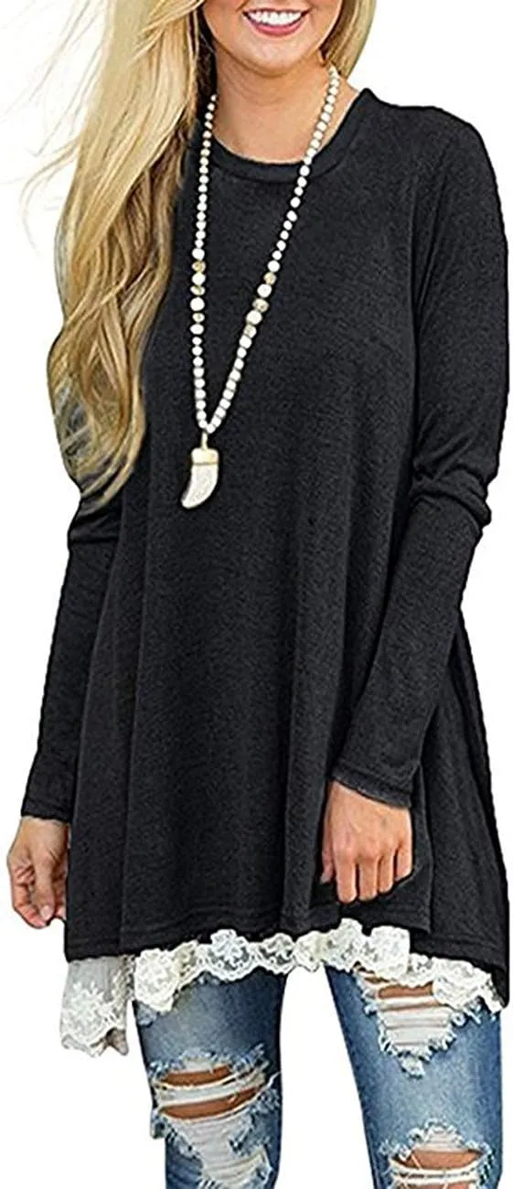 Women's Crew Neck Long Sleeve Lace Splicing Swing Shirt Dresses Long Tunic Blouses Shirts for Leggings
