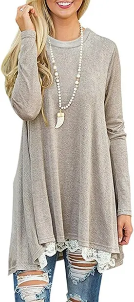 Women's Crew Neck Long Sleeve Lace Splicing Swing Shirt Dresses Long Tunic Blouses Shirts for Leggings