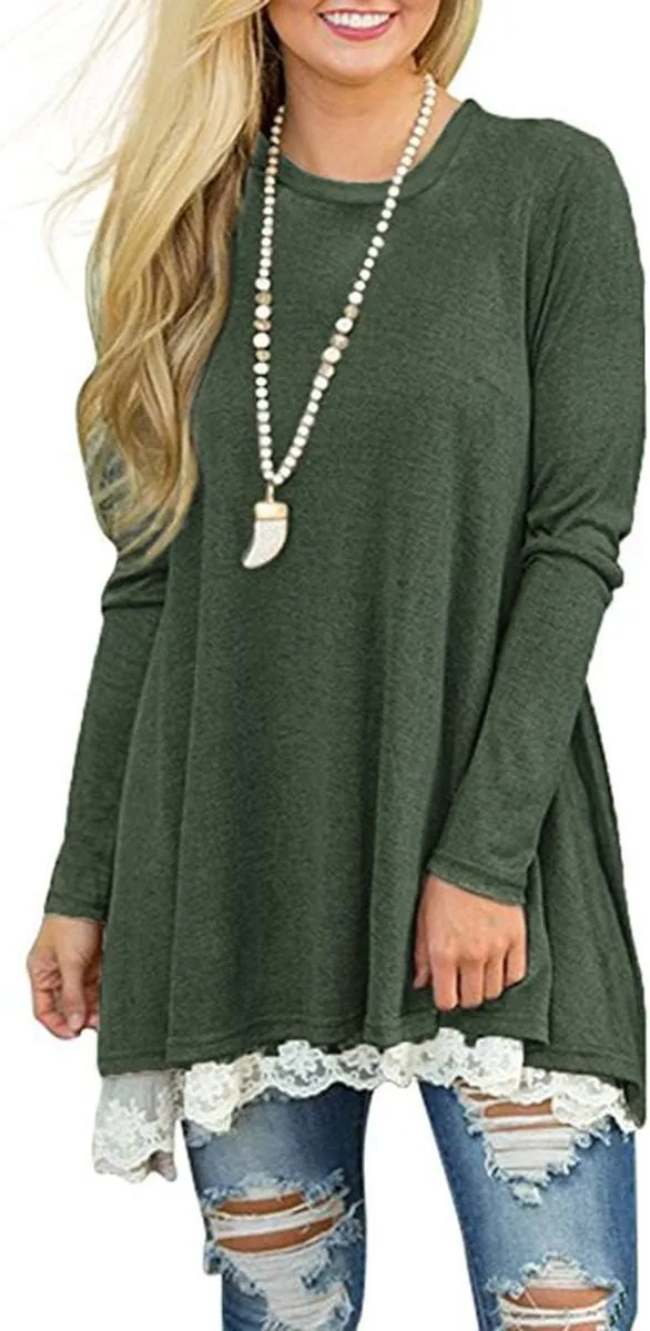 Women's Crew Neck Long Sleeve Lace Splicing Swing Shirt Dresses Long Tunic Blouses Shirts for Leggings