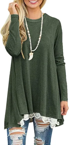 Women's Crew Neck Long Sleeve Lace Splicing Swing Shirt Dresses Long Tunic Blouses Shirts for Leggings