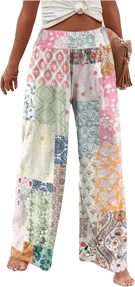Women's Patchwork Graphic Pant Colorblock High Waisted Straight Leg Boho Pants