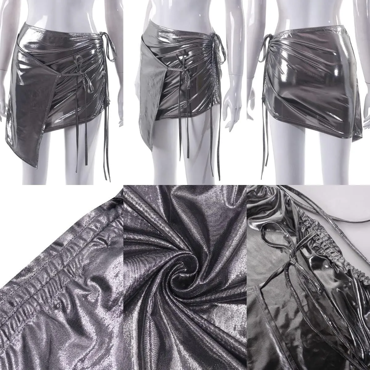 Women's Shiny Silver Halter Crop Tops Sexy Y2K Camisole Vest Irregular Backless Tank Tops T-Shirt Party Streetwear