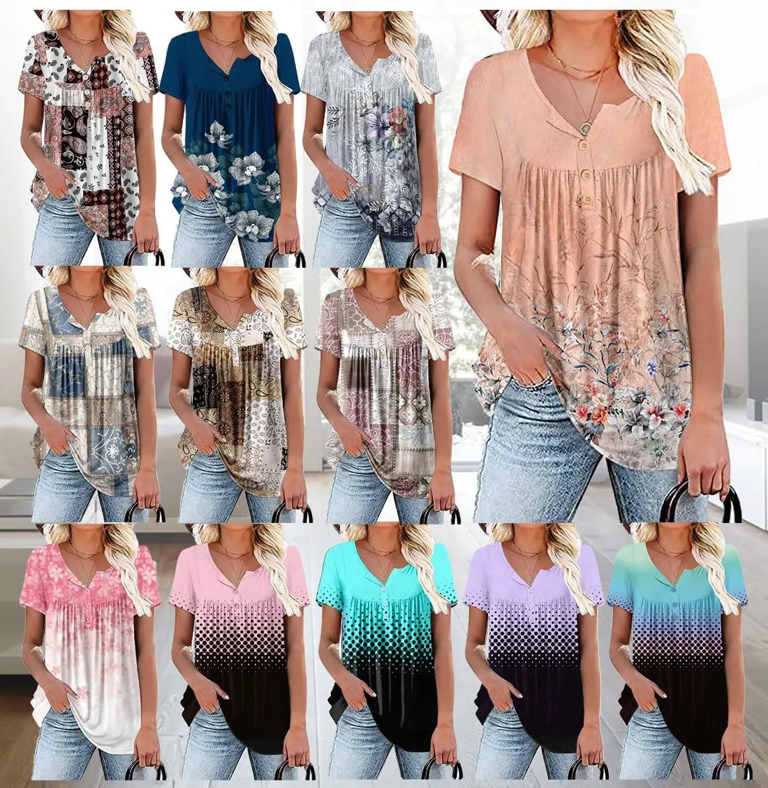 WRRH Womens Summer Short Sleeve Blouse Plus Size Ladies Shirts Floral Loose Flowy Tops for Leggings M-4XL