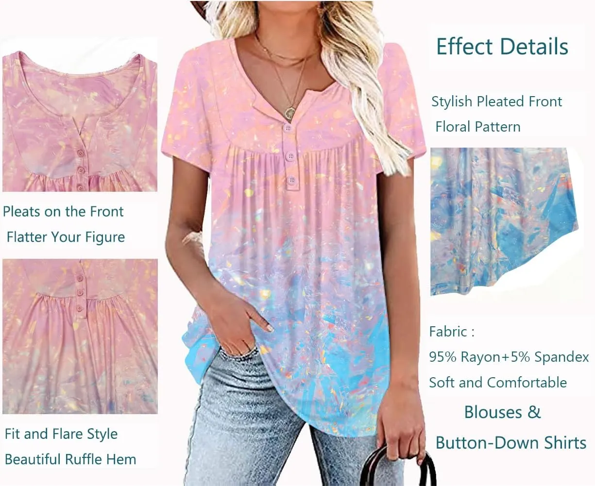 WRRH Womens Summer Short Sleeve Blouse Plus Size Ladies Shirts Floral Loose Flowy Tops for Leggings M-4XL