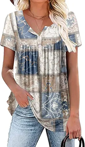 WRRH Womens Summer Short Sleeve Blouse Plus Size Ladies Shirts Floral Loose Flowy Tops for Leggings M-4XL
