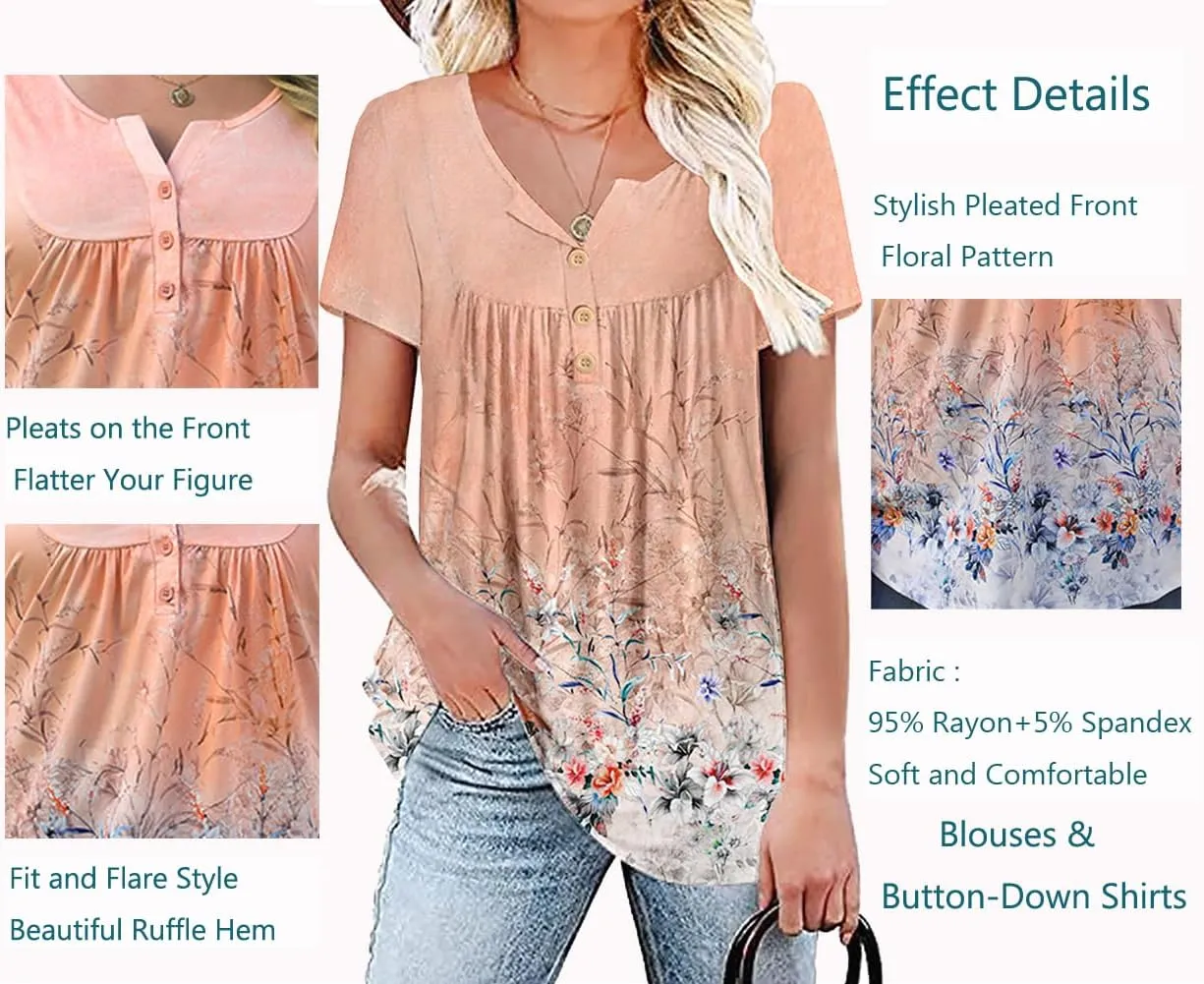 WRRH Womens Summer Short Sleeve Blouse Plus Size Ladies Shirts Floral Loose Flowy Tops for Leggings M-4XL
