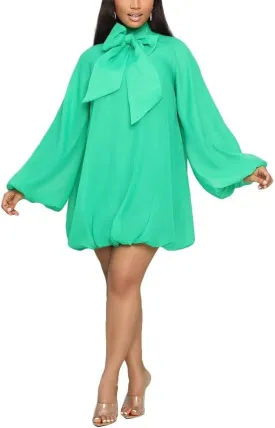 Yanfoam Women's Puff Long Sleeve Sweetheart Round Neck Dress Flowy Loose Chiffon for Cocktail Party Mini Dress