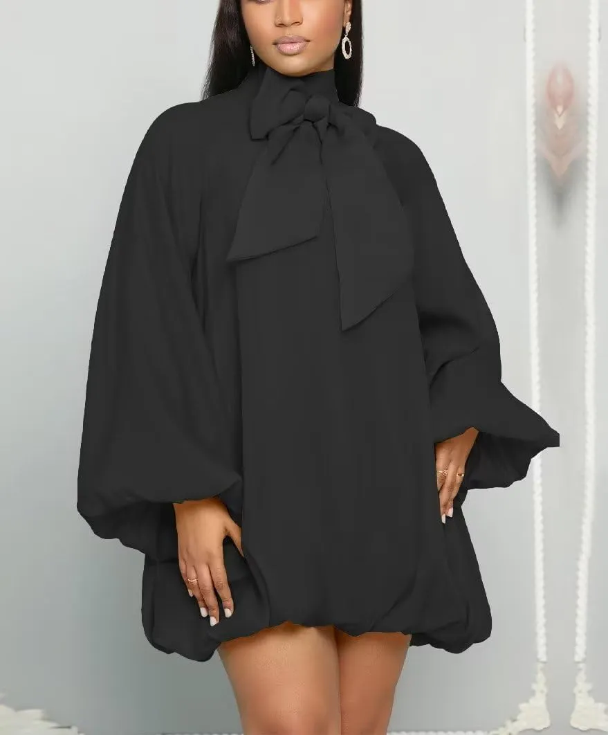 Yanfoam Women's Puff Long Sleeve Sweetheart Round Neck Dress Flowy Loose Chiffon for Cocktail Party Mini Dress