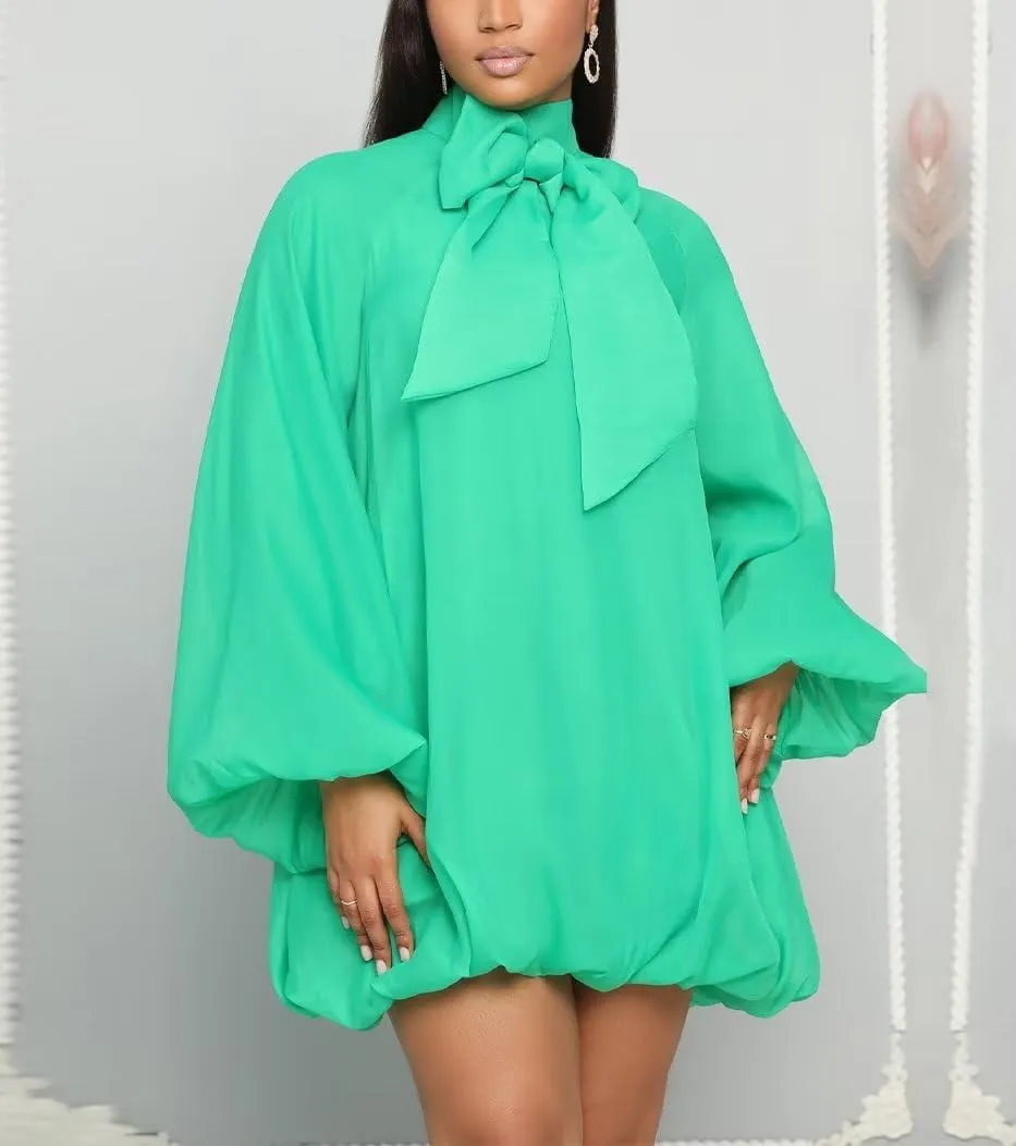 Yanfoam Women's Puff Long Sleeve Sweetheart Round Neck Dress Flowy Loose Chiffon for Cocktail Party Mini Dress
